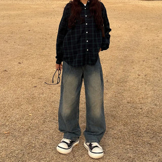 Pleated wide-leg denim pants