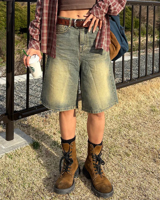 Vintage Wash Half Denim Pants