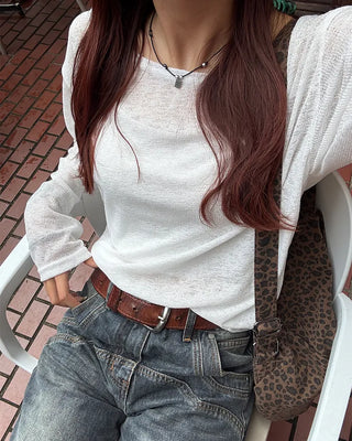 2-way loose sheer summer knit T-shirt