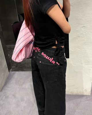 Rose Patch Pink Hip Stitch Denim Pants
