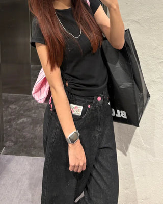 Rose Patch Pink Hip Stitch Denim Pants