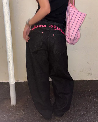 Rose Patch Pink Hip Stitch Denim Pants