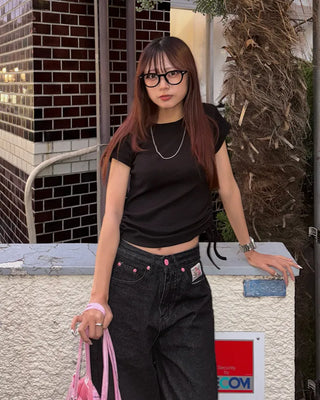 Rose Patch Pink Hip Stitch Denim Pants