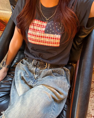Gingham Lace American Semi-Cropped Half T-Shirt