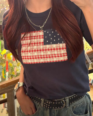 Gingham Lace American Semi-Cropped Half T-Shirt