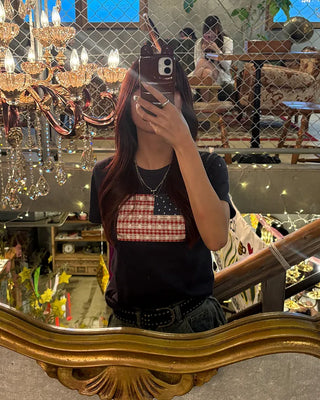 Gingham Lace American Semi-Cropped Half T-Shirt