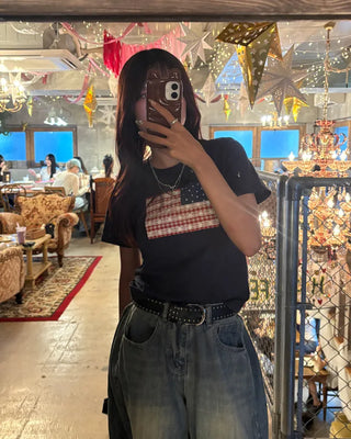 Gingham Lace American Semi-Cropped Half T-Shirt