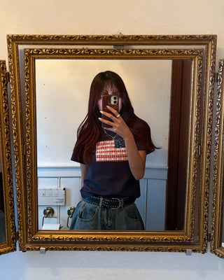 Gingham Lace American Semi-Cropped Half T-Shirt