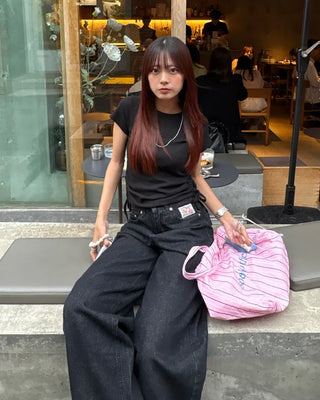 Rose Patch Pink Hip Stitch Denim Pants