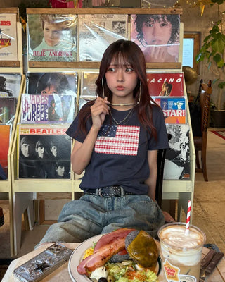 Gingham Lace American Semi-Cropped Half T-Shirt