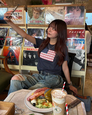 Gingham Lace American Semi-Cropped Half T-Shirt