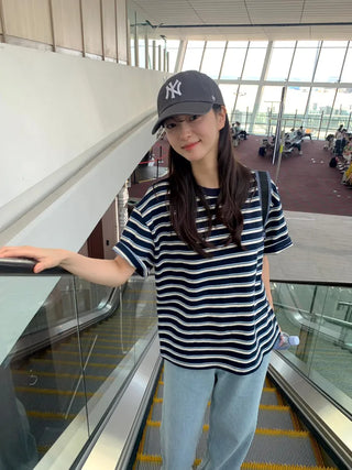 (2 colors) Striped Round Neck T-Shirt