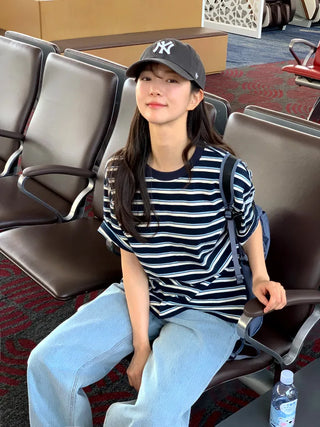 (2 colors) Striped Round Neck T-Shirt