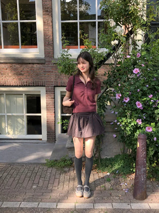 (3 colors) Collared Shirred Short-Sleeve Knit