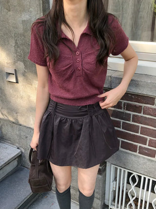 (3 colors) Collared Shirred Short-Sleeve Knit
