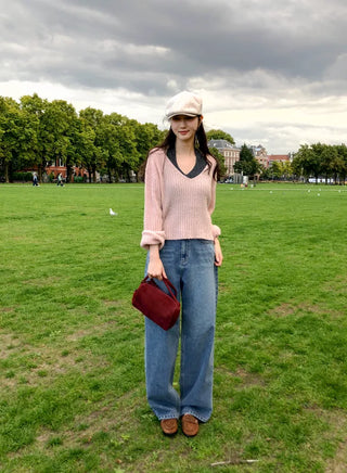 (3 colors) V-neck cropped knit