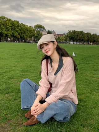 (3 colors) V-neck cropped knit