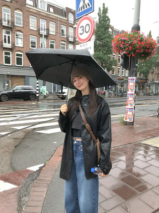 (2 colors) High-neck half leather jacket