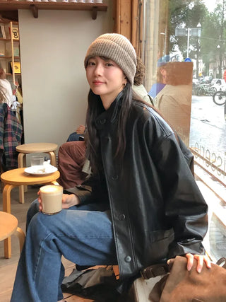 (2 colors) High-neck half leather jacket