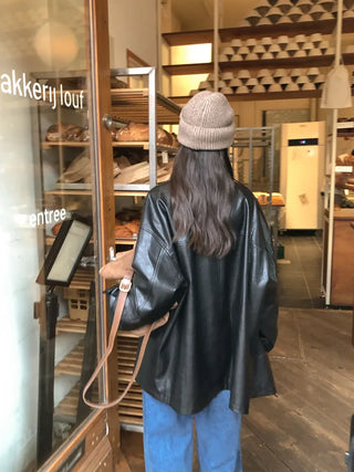 (2 colors) High-neck half leather jacket