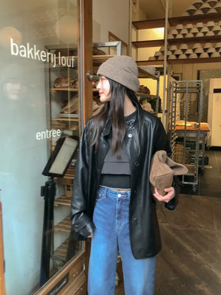(2 colors) High-neck half leather jacket