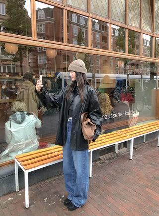 (2 colors) High-neck half leather jacket