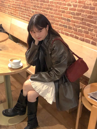 (2 colors) High-neck half leather jacket