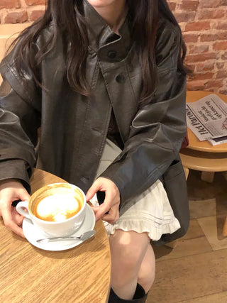 (2 colors) High-neck half leather jacket