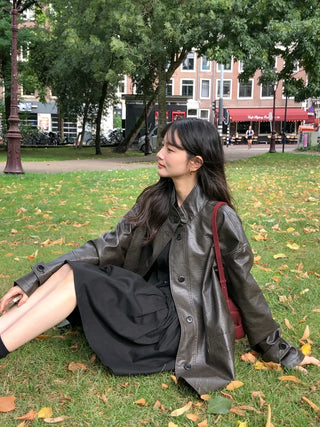(2 colors) High-neck half leather jacket