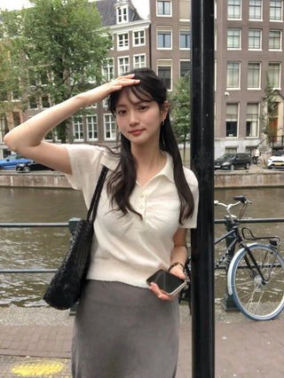 (3 colors) Collared Shirred Short-Sleeve Knit