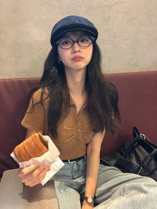 (3 colors) Collared Shirred Short-Sleeve Knit