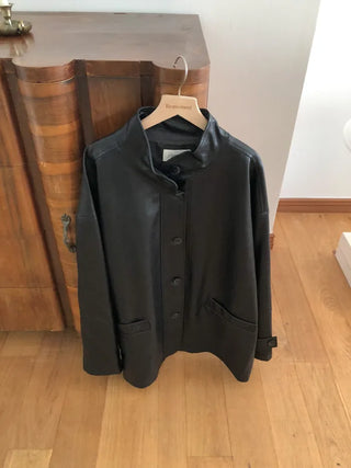 (2 colors) High-neck half leather jacket