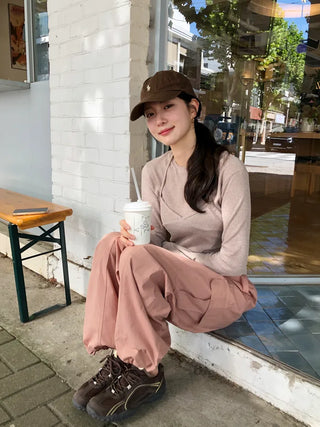 (2 colors) Long-sleeved T-shirt and bustier set