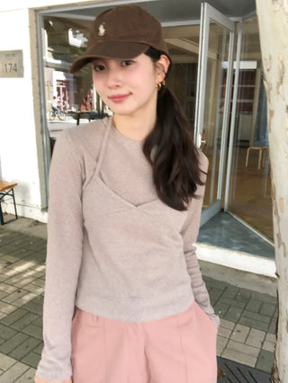 (2 colors) Long-sleeved T-shirt and bustier set
