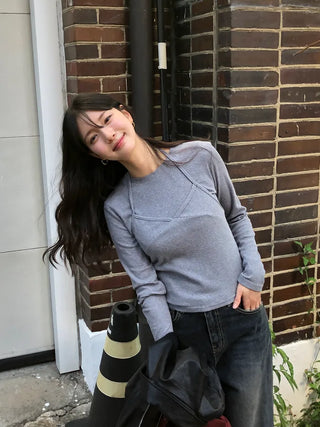 (2 colors) Long-sleeved T-shirt and bustier set