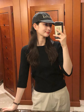 (5 colors) Round neck 7/8 sleeve T-shirt