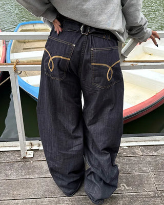 Back cinch pocket stitched rigid balloon denim pants