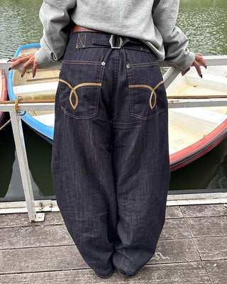 Back cinch pocket stitched rigid balloon denim pants