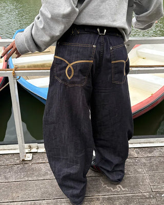 Back cinch pocket stitched rigid balloon denim pants
