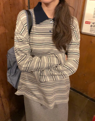 (2 colors) Striped collared T-shirt