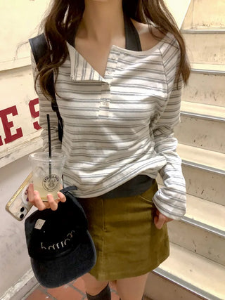 (2 colors) Striped Boat Neck T-Shirt