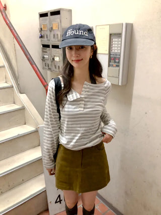 (2 colors) Striped Boat Neck T-Shirt