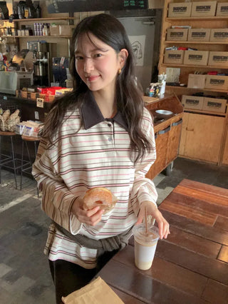 (2 colors) Striped collared T-shirt