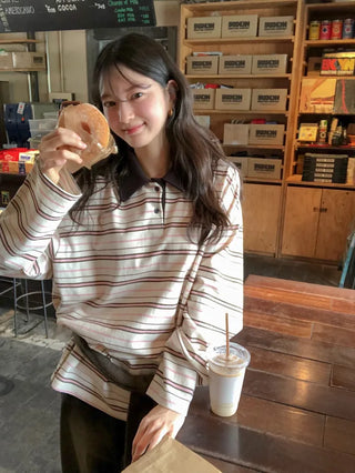(2 colors) Striped collared T-shirt