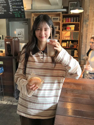 (2 colors) Striped collared T-shirt