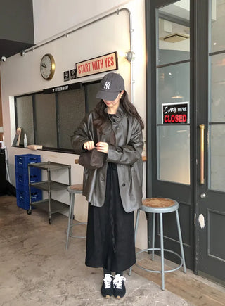(2 colors) High-neck half leather jacket