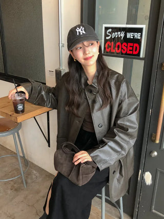 (2 colors) High-neck half leather jacket