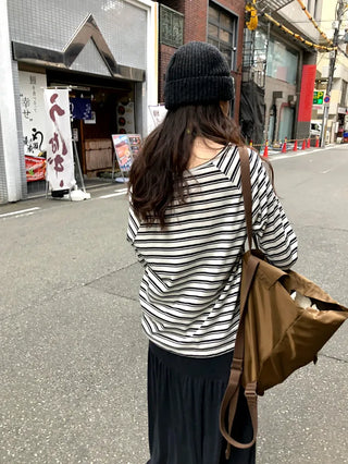 (2 colors) Striped Boat Neck T-Shirt