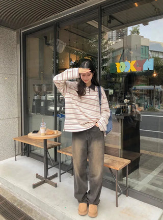 (2 colors) Striped collared T-shirt