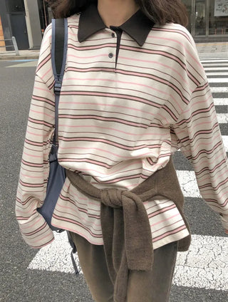 (2 colors) Striped collared T-shirt